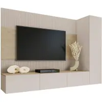 Mirjan 24 Wohnwand Deromi VI, Wohnzimmer Möbel Set, Griffloses Öffnungssystem push to open, 3er-Set (Farbe: Sandbeige / Sandbeige + Eiche Cremona)