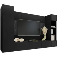 Mirjan 24 Wohnwand Deromi IV, Wohnzimmer Möbel Set, Griffloses Öffnungssystem push to open, 4er-Set (Farbe: Schwarz / Schwarz + Schwarz Marmor)