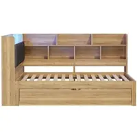 OKWISH Kinderbett 90x200 Schlafsofa mit Ausziehbett Einzelbett Holzbett mit USB Ladeanschlüsse und LED-Beleuchtung Funktionsbett Bettgestell mit Offener Stauraum Natur (ohne Matratze)