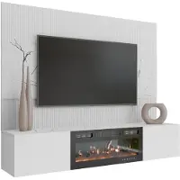 Mirjan 24 Wohnwand Deromi III, Wohnzimmer Möbel Set, Mit Kamin, Griffloses Öffnungssystem push to open, 2er-Set (Farbe: Weiß / Weiß + Weiß Marmor)