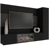 Mirjan 24 Wohnwand Deromi VI, Wohnzimmer Möbel Set, mit Kamin, Griffloses Öffnungssystem push to open, 3er-Set (Farbe: Schwarz / Schwarz + Schwarz Marmor)