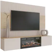 Mirjan 24 Wohnwand Deromi III, Wohnzimmer Möbel Set, Mit Kamin, Griffloses Öffnungssystem push to open, 2er-Set (Farbe: Sandbeige / Sandbeige + Eiche Cremona)