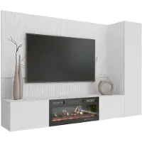 Mirjan 24 Wohnwand Deromi VI, Wohnzimmer Möbel Set, mit Kamin, Griffloses Öffnungssystem push to open, 3er-Set (Farbe: Weiß / Weiß + Weiß Marmor)