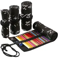 Markenlos Federmäppchen Schwarz Canvas für 72 Buntstifte mit elastischen Schlaufen