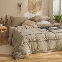 Markenlos Böhmische Bettwäsche, 155 x 220 cm, 2-teilig, Khaki, mit Fransen, Boho-Stil, elegante Bettwäsche, hochwertige Mikrofaser-Bettwäschesets, weich, Bettbezug mit Quasten