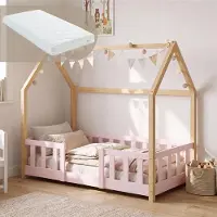 En.casa Kinderbett ’Sisimiut’ Montessori in Haus-Optik mit Matratze und Rausfallschutz Kiefernholz 70x140 cm Rosa/Natur