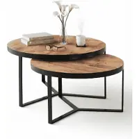 AEA Couchtisch Set 2-teilig rund in Holzoptik mit schwarzem Metallgestell