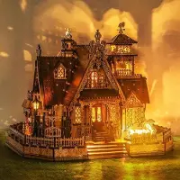 WAN Holz Puzzle Cottage - Miniatur Bausatz - Kreativ Hobby - Mit LED Beleuchtung - 30 cm - Mehrfarbig