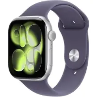 Apple Smartwatch Watch Series 11 GPS + Cellular, 46 mm, Retina LTPO OLED, S10 Dual-Core-Chip, 64 GB, silbernes Gehäuse, violettes Fluorelastomer-Armband, Größe M/L