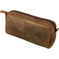 Merkloos Vintage-Stiftekontainer aus echtem Rindleder mit Reißverschluss, mittelbraun, 20 x 5,5 x 10 cm
