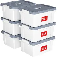 Merkloos Set aus 6 stapelbaren Aufbewahrungsboxen mit einem Fassungsvermögen von 35 Litern, jeweils mit Deckel, Tragegriff und Verschlussschnappverschluss