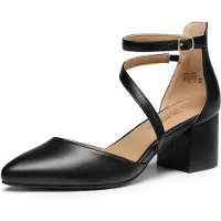Merkloos Pumps für Damen, mit geschlossener, spitzer Schuhspitze, breitem Absatz von etwa 10 cm und Riemchen, aus schwarzem Kunstleder, Größe 40