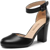 Merkloos Schwarze Pumps für Damen mit geschlossener Spitze, Riemchen um den Knöchel und einem Absatz von etwa 10 cm, Größe 41,5 EU