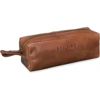 Merkloos Ein stilvoller, vintage-inspirierter Stiftekontainer in Cognac-Farbe, mit Reißverschluss und einem geräumigen Hauptfach