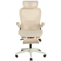 MODFU Klappbarer Bürostuhl, Drehstuhl mit 3D-Kopfstütze, höhenverstellbarer Netzstuhl Relaxsessel mit Lordosenstütze und Neigefunktion, Creme