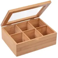 Merkloos Aufbewahrungsbox Bambus - 6 Fächer - Klappbarer Deckel - 21 x 16 x 7,5 cm - Für kleine Kleinteile