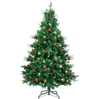 Merkloos Weihnachtsbaum – Künstlicher Weihnachtsbaum mit Beleuchtung – 210 cm – Mit roten Beeren und Tannenzapfen