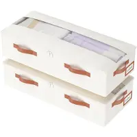 Merkloos Unterbett Aufbewahrungstasche Unterbettbox Staubox - 60 x 30 x 15 cm - Vliesstoff - Beige - 2er Set - Mit transparentem Deckel