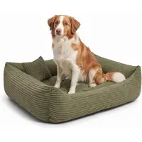 4L Textil MOLLY Hundebett aus Cord mit erhöhtem Rand, abnehmbarer waschbarer Bezug, für kleine und mittelgroße Hunde, 80x60 cm, Olivgrün