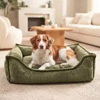 4L Textil HUGO Orthopädisches Hundebett aus Cord mit Visco-Schaumstoff, abnehmbarer Bezug, für kleine Hunde und Katzen, 60x40 cm, Olivgrün