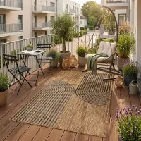 Ayyildiz Hali SIMPEX Outdoor Teppich Schwarz Natur Jute Optik 80x150 cm Balkon Terrasse Garten Wetterfest UV-beständig Mittel Boho Design Flachgewebe Pflegeleicht Robust Modern
