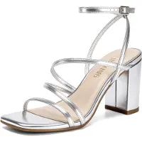 Merkloos Damensandalen mit 8 cm Absatz, Riemchen über dem Knöchel und offenem Vorderfuß, aus silberfarbenem Kunstleder, Größe 41 EU