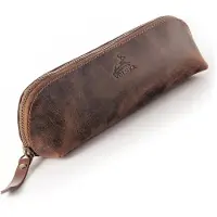 Merkloos Braunes Stiftetui aus echtem Leder mit Reißverschluss, 20 x 9 x 6 cm