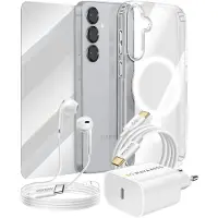 Mayaxess , Essential-Paket für Galaxy S25 Hülle, Schutzglas, Ladegeräte, Kopfhörer, Transparent