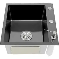 StarTech.com Spülbecken Küche - Einbauspüle Einzelbecken 201 Edelstahl - 50x45x20 cm Auf- oder Unterbau - Rechteckig - Mit Seifenspender 200 ml - Mit Filterkorb Ablauf - Ohne Armatur - Schwarz