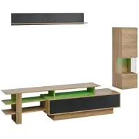 OKWISH Dreiteiliges TV-Schrank-Set mit Kleine Vitrine und Hängeregal TV-Möbel-Set mit TV Schrank und LED Beleuchtung Lowboard mit offenen Fächern und 3 Schubladen Schwarz+Natur
