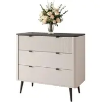Idohome Geriffelte Kommode NAVANI 90 cm mit 3 Schubladen Soft-Close-System Kaschmir + Steingrau Aufbewahrungsschrank Stehend Stauraummöbel Schubladenschrank mit schwarze Griffe Wohnzimmer Stauraum Sideboard