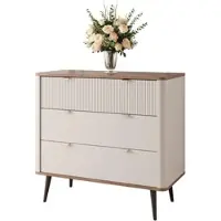 Idohome Geriffelte Kommode NAVANI 90 cm mit 3 Schubladen Soft-Close-System Aufbewahrungsschrank Kaschmir + Nussbaum Stehend Stauraummöbel Sideboard Schubladenschrank mit goldene Griffe Wohnzimmer Stauraum