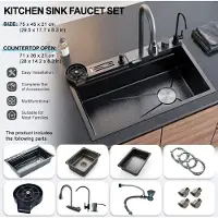 StarTech.com Küchenspüle - Arbeitsplatzspüle - Einzelbecken - Edelstahl 304 - 5 Löcher - Ausziehbare Armatur mit Wasserfallauslauf - 3 Wasserstrahlarten - Messerhalter und Temperaturanzeige