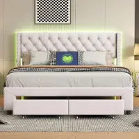 StarTech.com Doppelbett - Gepolstertes Bett - 180 × 200 cm - 2 Bettkästen - Lattenrost - Samt - Off-White