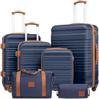 Merkloos Reisekoffer Trolley Hartschale ABS - 6-teilig - TSA-Schloss - 4 Rollen - Blau und Braun