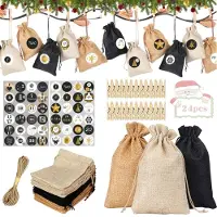 Merkloos Jutebeutel, 24 Stück – Adventskalender – Geschenktüten – Stoffbeutel – Hanfband – Holzclips – 10 x 14 cm