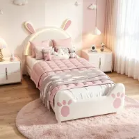 INONEFT Kinderbett Polsterbett 90x200 mit Hasen-Design,Einzelbett mit LED & Klett-Gesichtern, Jugendbett mit Lattenrost & DIY-Stoffaufkleber,Rosa/Weiß