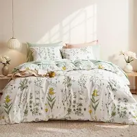 Benza Ibenzoa Bettwäsche-Set 135 x 200 cm, Wendebettwäsche weiß/grün mit Blumen- & Blättermotiv, 100% gebürstete Mikrofaser, inkl. Kissenbezug 80 x 80 cm
