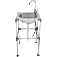 Markenlos Freistehende Küchenspüle Edelstahl Waschbecken für Außenbereich Mobile Spültisch Einzelbecken mit Wasserhahn Kalt Warmwasser Schläuche Ablaufgarnitur Schnelle Montage 38x33x75cm Rostfrei für Garten