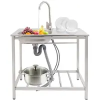 Markenlos Freistehende Edelstahl Spültisch mit Wasserhahn & Ablage & Montagezubehör Outdoor Spüle 40kg Mobiles Waschbecken für Garten, Küche, Gastro, Camping & Werkstatt 75 * 40 * 75cm