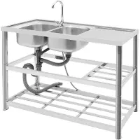 Markenlos Edelstahl Spüle Küche 2 Becken 3 Ebenen - 120x45x80 cm - Freistehende Edelstahl-Spültisch mit Wasserhahn - Gastro Spülbecken für Küche, Restaurant, Camping - Inkl. Zubehör & Abtropffläche