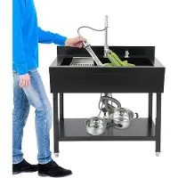 Markenlos Freistehender Spültisch Edelstahl 35in/27.5in mit Wasserhahn - Freistehend Mobiles Waschbecken Küchenspüle Edelstahlspüle für Küche Garten Camping Outdoor Garage (Silber/Schwarz) (Schwarz, 35)
