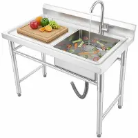 Markenlos Edelstahl Werkbank Spülbecken Freistehende Einzelbecken-Spüle Mobile Spüle Edelstahl Küchenspüle Multifunktions Waschtisch mit Wasserhahn für Outdoor und Camping den Außenbereich Gewerbliche