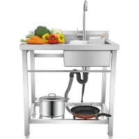 Markenlos Edelstahl Spültisch Freistehend 80x55x84cm, Gewerbespüle mit Arbeitsplatte, Rechte Spüle, 100kg Tragfähigkeit, Spülbecken mit Wasserhahn & Ablaufgarnitur, Gastrospüle für Küche, Bar, Garage, Waschraum