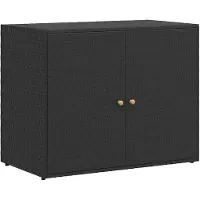 Markenlos Black Poly Rattan Outdoor Storage Cabinet | Features acacia wood handles and a steel frame, measuring 100 x 55.5 x 80 cm for patio, balcony, and garden storage.