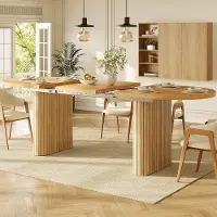 Markenlos Ausziehbarer Esstisch 120-160cm, ovaler Holztisch mit vertikaler Struktur, belastbar bis 60kg (Naturholz)