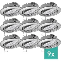 Oktaplex 9er Set Deckenspot LED schwenkbar dimmbar 3-Stufen 4,8W 3000K Warmweiß 230V Dijon Edelstahl gebürstet Einbaustrahler 68mm