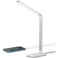 LQWELL LED Schreibtischlampe Dimmbar Metallmaterial, 5 Farben und 10 Helligkeitsstufen, Augenfreundliche Nachttischlampe mit USB-Aufladung, Touch-Steuerung und Memory-Funktion für Kinder, Büro