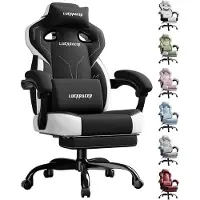 Markenlos Gaming Stuhl Stoff, Bürostuhl mit verbundenen Armlehnen, Memory-Schaum-Kissen, 90–155° Neigungswinkel und Fußstütze, strapazierfähigem Funktionsgewebe, schwarz