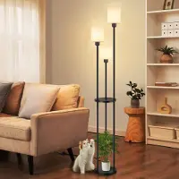 ZMH Stehlampe Wohnzimmer Stehleuchte Vintage Standleuchte mit Regal E27 Standlampe Schlafzimmer Retro Regallampe Weiß 3 Flammig Stoffschirm Fußschalter für Sofa Landhaus Küche(Ohne Leuchtmittel)